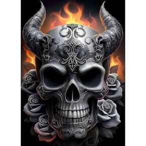 مجموعات الفن الماسي للجمجمة من HEIBAGO للبالغين، مجموعات طلاء الماس للزهور للمبتدئين البالغين، لوحة ألماس دائرية كاملة لهب الحفر، مجموعات طلاء الأحجار الكريمة الفنية لديكور جدار المنزل 12 × 16 بوصة in Kuwait