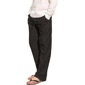Men's Linen Cotton Pants Drawstring Waist Relaxed Casual Loose Fit Casual Pants Beach Trousers for Summer Spring in Kuwait