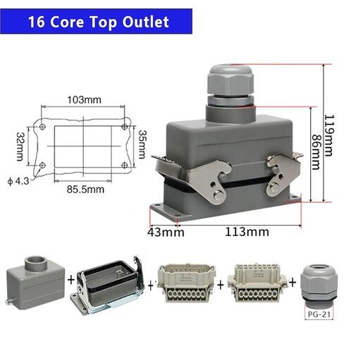 Rectangular Heavy Duty Connectors HDC-HE Socket 16A Top Side Outlet 6/10/16/24/32/48 Core 1Pcs(16 Core Top Line) in Saudi Arabia