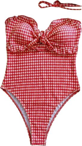 GORGLITTER Women's Cutout Tie Knot Bandeau One Piece Swimsuits Gingham Ruffle Trim Sleeveless Strapless Bathing Suits in Saudi Arabia