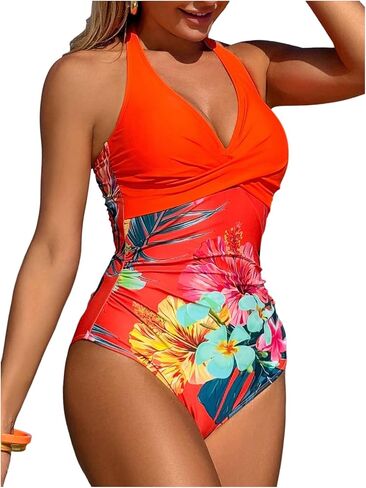 GORGLITTER Women's Tropical One Piece Swimsuits Ruched Deep V Halter Tummy Control Bathing Suit Resort Wear in Saudi Arabia