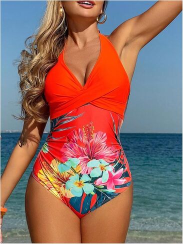 GORGLITTER Women's Tropical One Piece Swimsuits Ruched Deep V Halter Tummy Control Bathing Suit Resort Wear in Saudi Arabia