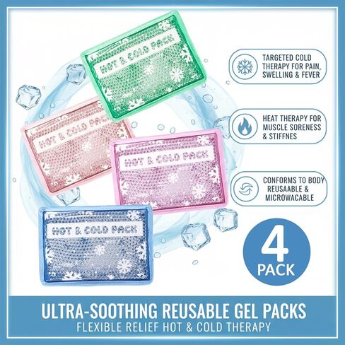 4-Pack Reusable Gel Ice Packs with Soft Plush Cover - Hot & Cold Therapy for Pain Relief, Injuries, Muscle Soreness - Soothing Comfort for Back, Knees, Shoulders (4 Colors) in Kuwait