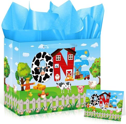 Farm Animal Gift Bag Large Barnyard Birthday Party Favor Bags with Handles Farm Cow Pig Sheep Birthday Wrapping Paper Greeting Card for Kid Baby Shower Christmas Birthday Party Decorations Supplies in Saudi Arabia