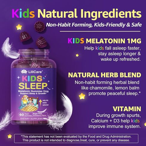 LILICARE Kids Sleep Gummies، علكات الكالسيوم للأطفال + D3، مساعد النوم، علكات أشواغاندا للأطفال، فوسفاتيديل سيرين، إل-ثيانين لتركيز الدماغ، الاسترخاء، مكمل Sweet Dream السحري للأطفال الآباء، عبوتان in Saudi Arabia