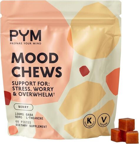 PYM Berry Mood Chews يدعم التوتر والقلق والإرهاق، 60 قطعة | 130 مجم جابا، 90 مجم إل-ثيانين | نباتي، غير معدّل وراثيًا، خالي من الغلوتين، بدون سكر مضاف | مكمل توازن المزاج الطبيعي بالكامل في حقيبة قابلة للإغلاق in Kuwait