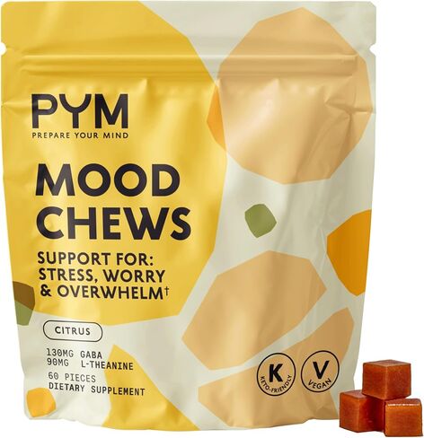 PYM Berry Mood Chews يدعم التوتر والقلق والإرهاق، 60 قطعة | 130 مجم جابا، 90 مجم إل-ثيانين | نباتي، غير معدّل وراثيًا، خالي من الغلوتين، بدون سكر مضاف | مكمل توازن المزاج الطبيعي بالكامل في حقيبة قابلة للإغلاق in Kuwait