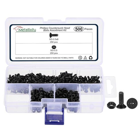 مجموعة متنوعة من مسامير صواميل الماكينة الغاطسة من ميتاليكسيتي فيليبس (M3-0.5) 300 قطعة، طقم براغي أدوات برأس مسطح من الفولاذ الكربوني - للتثبيت المعدني الداخلي، أسود in Kuwait