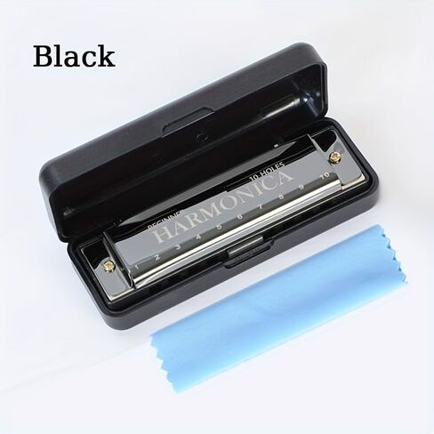 10-Hole C Key Beginner Harmonica Set with Case, Cleaning Cloth & Manual, Professional Blues Harmonica Mouth Organ for Adults & Kids, Portable Musical Instrument Gift (Black [Free Box + Instructions]) in Saudi Arabia