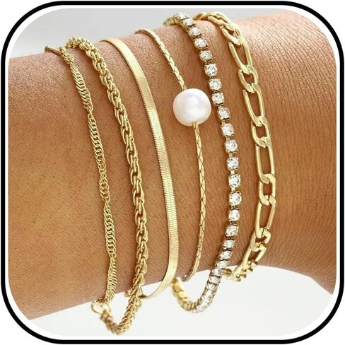 سوار Roe Dolph Gold Stack Barclets Gold chunkelets سلسلة قابلة للتكديس رابط Rhinestone Tennis Pearl Jewelry Strendy Stuff for Women in Saudi Arabia