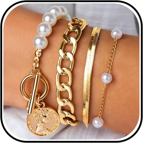 سوار Roe Dolph Gold Stack Barclets Gold chunkelets سلسلة قابلة للتكديس رابط Rhinestone Tennis Pearl Jewelry Strendy Stuff for Women in Kuwait