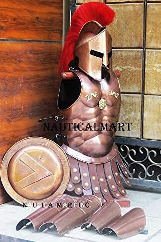 NauticalMart القرون الوسطى النحاس 300 المتقشف مجموعة خوذة درع العضلات ث/ريشة حمراء الساق الذراع الحرس هالوين in Saudi Arabia