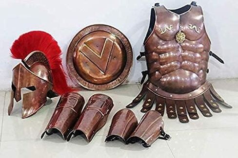 NauticalMart القرون الوسطى النحاس 300 المتقشف مجموعة خوذة درع العضلات ث/ريشة حمراء الساق الذراع الحرس هالوين in Saudi Arabia
