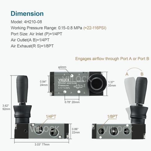 Pneumatic Solenoid Valve 1/4"NPT Air Inlet 5 Way 2 Position, Hand Lever Operated Air Manual Control Valve 4H210-08 in Kuwait