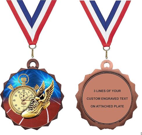 Express Medals 1 to 50 Packs of Engraved Track Bronze Medal Trophy Award with Neck Ribbon & Attached Engraved Plate on Back LAZD214-D35 in Saudi Arabia