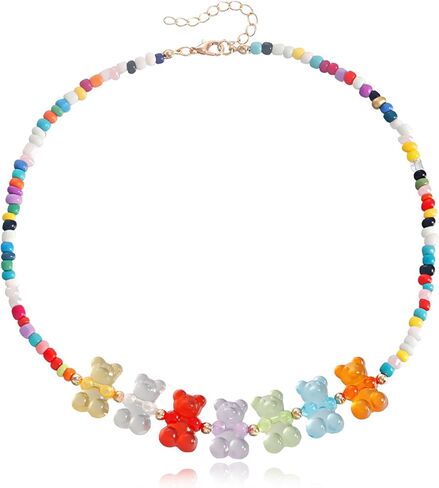 Gummy Bear Necklace for Women Acrylic Gummy Bear Pendant Necklace Colorful Seed Bead Choker Candy Color Teddy Bear Charm Necklace Trendy Jewelry Gifts in Saudi Arabia