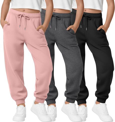 3 حزمة ركض للبنات أطفال سروال سروال سروال مضلعة الكفة مرنة الخصر السقوط السراويل المراهقة غير الرسمية مع جيوب in Kuwait