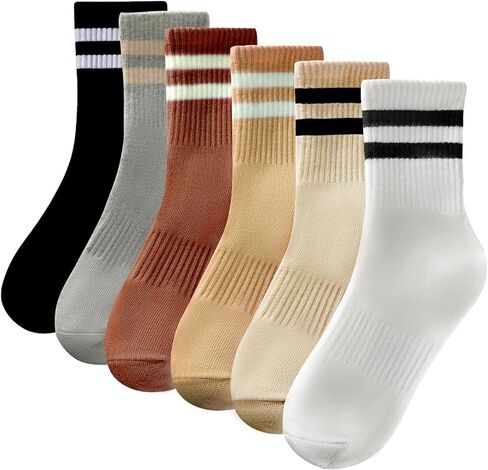 جوارب Tlmody Crew للنساء، جوارب قطنية مريحة كاجوال، جوارب مخططة 6 أزواج مقاس 5-10 in Kuwait