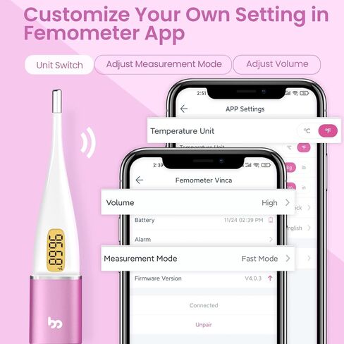 Femometer Smart Basal Body Thermometer, BBT Thermometer with Backlight LED Screen, Fertility/Period Tracker with Femometer APP, Automatic Data Recording, Lipstick Shape, Easy to Use and Carry, Purple in Kuwait