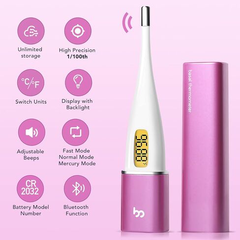 مقياس حرارة الجسم القاعدي الذكي من Femometer، مقياس حرارة BBT مع شاشة LED بإضاءة خلفية، متتبع الخصوبة/الدورة الشهرية مع تطبيق مقياس Femometer، تسجيل البيانات تلقائيًا، شكل أحمر الشفاه، سهل الاستخدام والحمل، أرجواني in Saudi Arabia