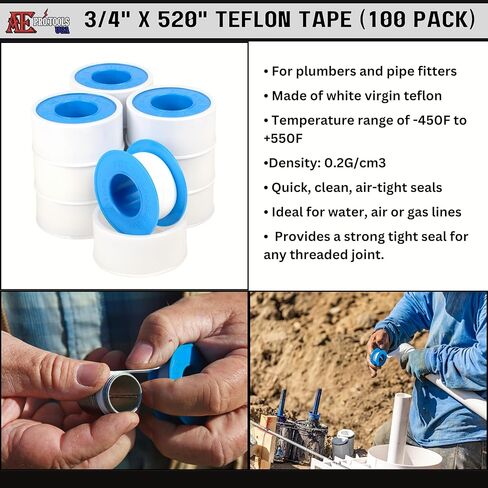 أكل برو. الأدوات - شريط تفلون، شريط مانع للتسرب الصناعي، شريط أنابيب ملولب، شريط سباكة، نطاق درجة حرارة من -450 درجة فهرنهايت إلى +550 درجة فهرنهايت، شريط تفلون 3/4 بوصة × 520 بوصة، شريط أبيض - 100 عبوة in Kuwait