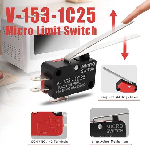 20PCS Micro Limit Switch with Long Straight Hinge Lever V-153-1C25, SPDT 1NO 1NC Lead Terminals, Snap Action, for Industrial Automation, CNC & DIY Applications in Saudi Arabia
