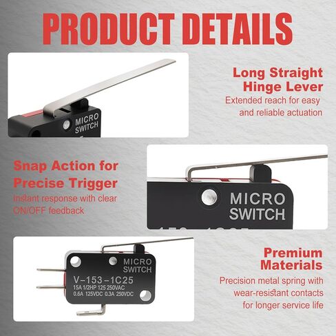 20PCS Micro Limit Switch with Long Straight Hinge Lever V-153-1C25, SPDT 1NO 1NC Lead Terminals, Snap Action, for Industrial Automation, CNC & DIY Applications in Saudi Arabia