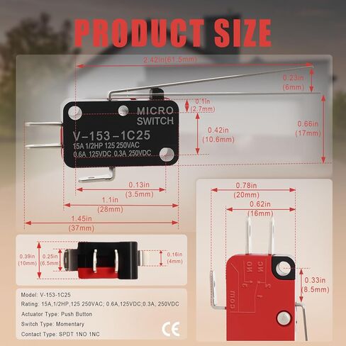20PCS Micro Limit Switch with Long Straight Hinge Lever V-153-1C25, SPDT 1NO 1NC Lead Terminals, Snap Action, for Industrial Automation, CNC & DIY Applications in Saudi Arabia