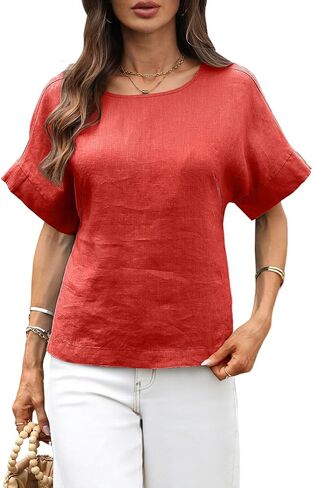 Women's Linen Shirt 100% Linen Oversize Blouse Short Sleeve Crew Neck Loose Fit Tshirt in Saudi Arabia