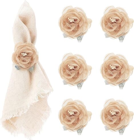 Handcraft Flower Napkin Rings Set of 6– Blush Beige Camellia Tulle Napkin Holders for Dining Table Decor, Weddings, Parties, Birthday & Thanksgiving in Kuwait