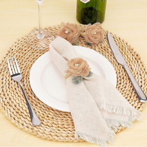 Handcraft Flower Napkin Rings Set of 6– Blush Beige Camellia Tulle Napkin Holders for Dining Table Decor, Weddings, Parties, Birthday & Thanksgiving in Kuwait