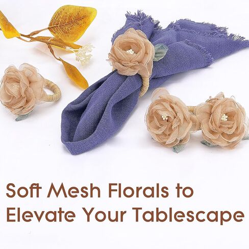 Handcraft Flower Napkin Rings Set of 6– Blush Beige Camellia Tulle Napkin Holders for Dining Table Decor, Weddings, Parties, Birthday & Thanksgiving in Kuwait