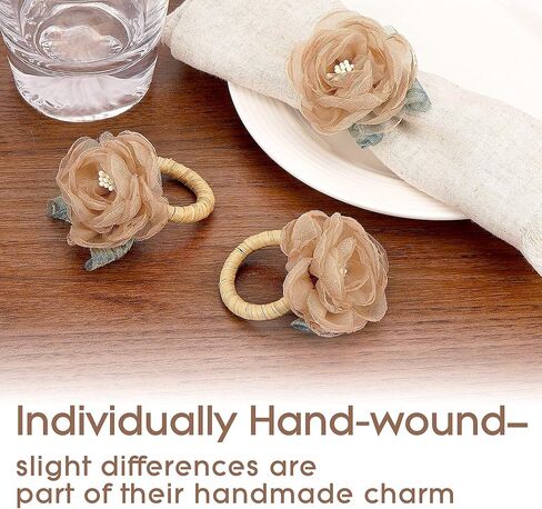 Handcraft Flower Napkin Rings Set of 6– Blush Beige Camellia Tulle Napkin Holders for Dining Table Decor, Weddings, Parties, Birthday & Thanksgiving in Kuwait