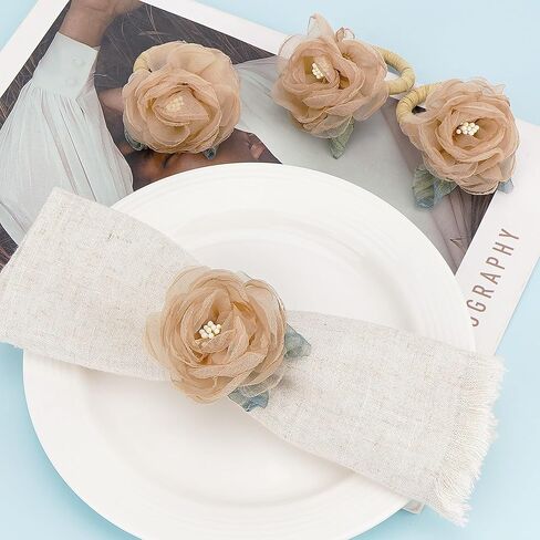 Handcraft Flower Napkin Rings Set of 6– Blush Beige Camellia Tulle Napkin Holders for Dining Table Decor, Weddings, Parties, Birthday & Thanksgiving in Kuwait