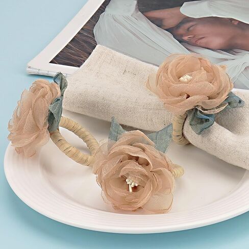 Handcraft Flower Napkin Rings Set of 6– Blush Beige Camellia Tulle Napkin Holders for Dining Table Decor, Weddings, Parties, Birthday & Thanksgiving in Kuwait