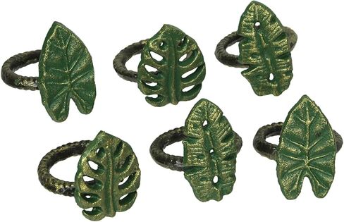 Set of 6 Exquisite Verdigris Green and Bronze Finish Cast Iron Tropical Leaf Napkin Rings for Elegant Dining Decor, 2.25 Inches, Rustic Table Decorations in Saudi Arabia