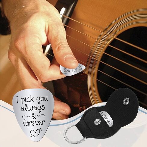 CREATCABIN I Pick You Always and Forever Guitar Pick Engraved Stainless Steel Guitar Plectrums with Leather Keychain Pouch for Valentines Acoustic Electric Rock Bass Musician Gifts 1.26 x 1 inch in Saudi Arabia