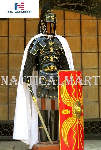 NauticalMart Roman Black Muscle Armor Cuirass Set W/Shoulders, Leg Guard, Roman Helmet, Chainmail, Roman Shield in Saudi Arabia