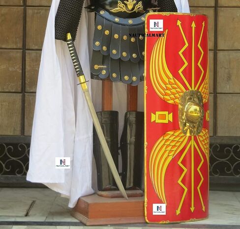 NauticalMart Roman Black Muscle Armor Cuirass Set W/Shoulders, Leg Guard, Roman Helmet, Chainmail, Roman Shield in Saudi Arabia