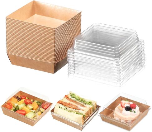 100 Pcs Small Charcuterie Boxes with Clear Lids - To Go Paper Rectangle Charcuterie Box, Disposable Food Containers, 5Inch Dessert Boxes for Cookie, Cake Slice Strawberries (Brown) in Saudi Arabia