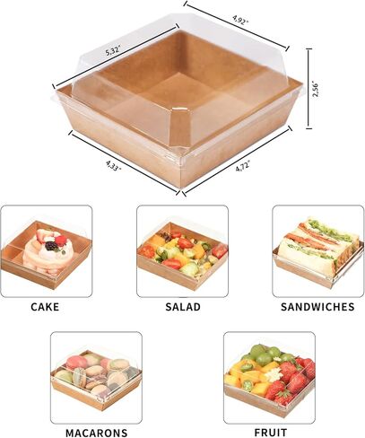 100 Pcs Small Charcuterie Boxes with Clear Lids - To Go Paper Rectangle Charcuterie Box, Disposable Food Containers, 5Inch Dessert Boxes for Cookie, Cake Slice Strawberries (Brown) in Saudi Arabia
