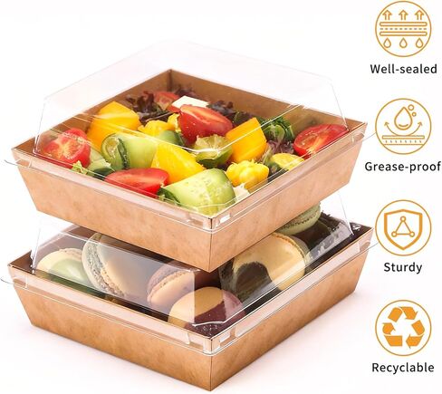 100 Pcs Small Charcuterie Boxes with Clear Lids - To Go Paper Rectangle Charcuterie Box, Disposable Food Containers, 5Inch Dessert Boxes for Cookie, Cake Slice Strawberries (Brown) in Saudi Arabia