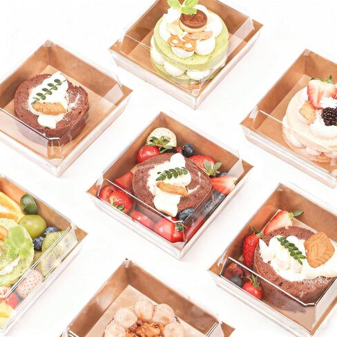 100 Pcs Small Charcuterie Boxes with Clear Lids - To Go Paper Rectangle Charcuterie Box, Disposable Food Containers, 5Inch Dessert Boxes for Cookie, Cake Slice Strawberries (Brown) in Saudi Arabia