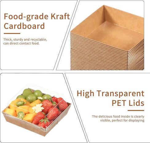 100 Pcs Small Charcuterie Boxes with Clear Lids - To Go Paper Rectangle Charcuterie Box, Disposable Food Containers, 5Inch Dessert Boxes for Cookie, Cake Slice Strawberries (Brown) in Saudi Arabia