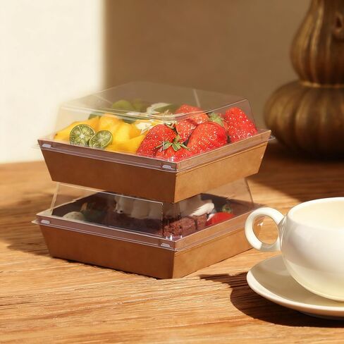 100 Pcs Small Charcuterie Boxes with Clear Lids - To Go Paper Rectangle Charcuterie Box, Disposable Food Containers, 5Inch Dessert Boxes for Cookie, Cake Slice Strawberries (Brown) in Saudi Arabia