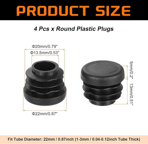 uxcell 4 Pcs Plastic Hole Plugs, 0.87"(22mm) OD Round Ribbed Tubing End Caps Fit 1-3mm Tube Thick, Furniture Leg Inserts for Metal Tubing Chair Table Legs in Saudi Arabia