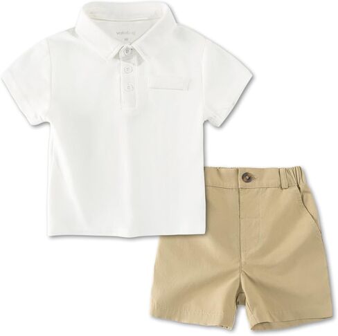 Volunboy Boys Summer Beach Outfits Polo Shirt Short Set | 2 piece baby boy vacation outfits, toddler golf set, short sleeve pique polo shirt chino shorts in Saudi Arabia