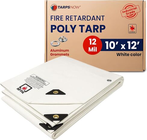 Tarps Now 8x10 Feet Fire Retardant Poly Tarp |12 MIL Heavy Duty Waterproof Cover |Rip and Tear Proof Plastic Tarp with Rustproof Aluminum Grommets & Reinforced Edges |Ideal for Camping - White in Kuwait