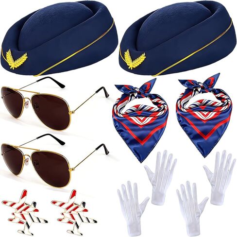 12 PCS Flight Advent Assuetory Assuety Assoardess Costume Pilot Hat Hat Dressys Sunglasses for Flight Platant Women Party in Kuwait