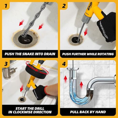 مثقاب الصرف الصحي، ثعبان الصرف مع محول المثقاب، أداة إزالة انسداد الشعر في الحمام بطول 25 قدم، شديدة التحمل ومرنة من الصلب in Kuwait